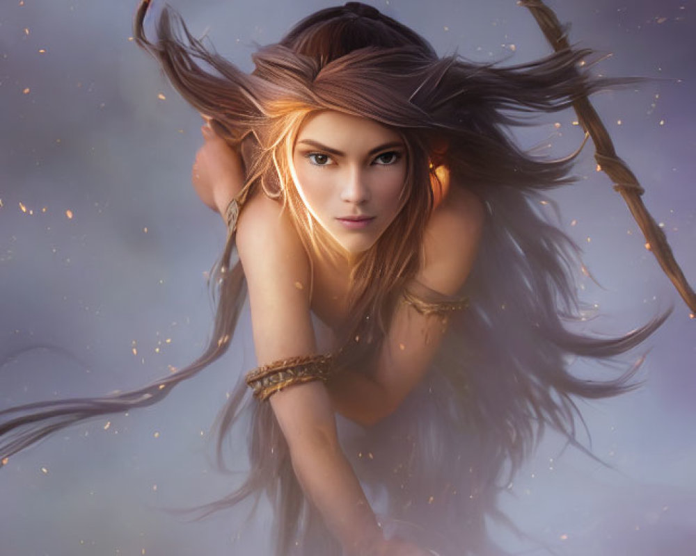 Fantasy image: Woman with flowing hair, gold accessories, glowing particles, ethereal light