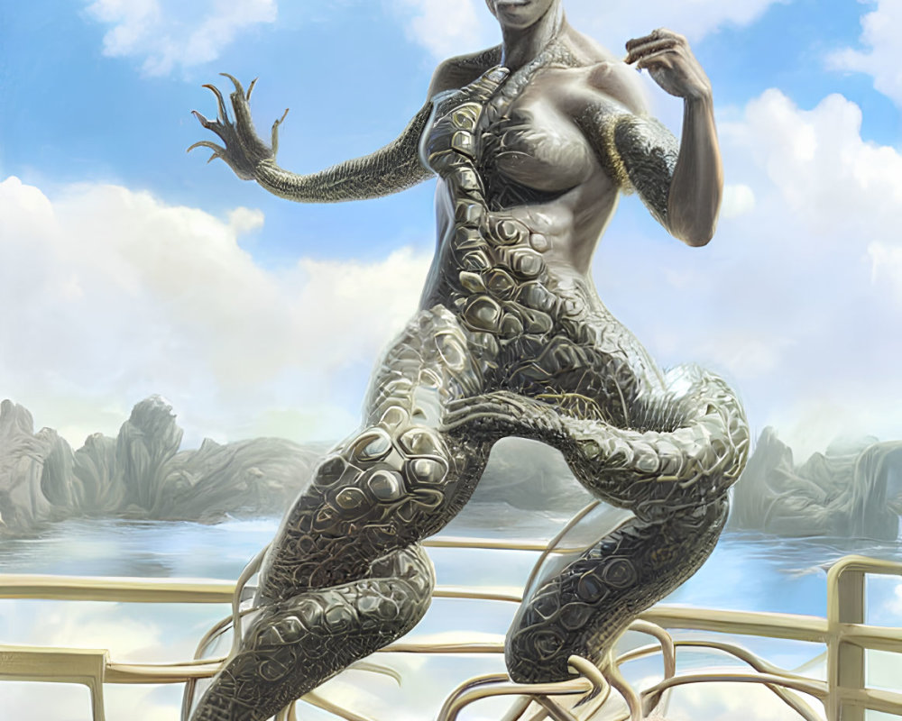 Mystical humanoid figure with intricate body patterns against cloudy sky