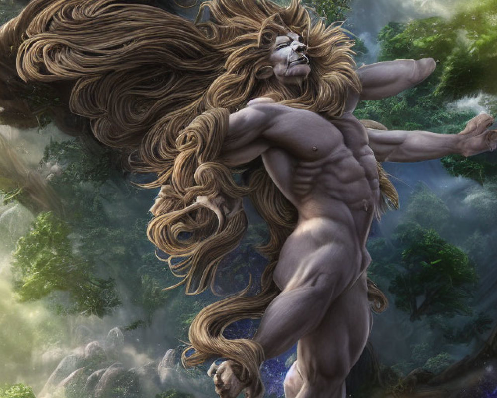 Majestic lion-headed humanoid in lush forest