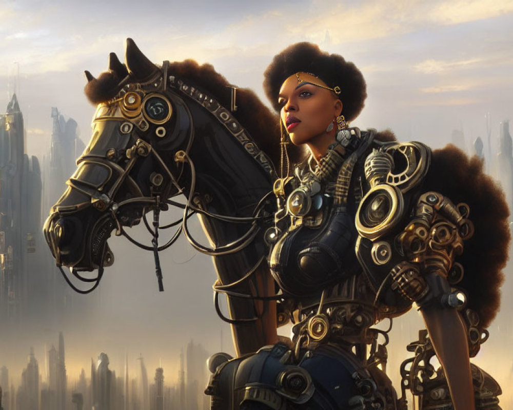 Futuristic steampunk warrior woman on mechanical horse in golden cityscape
