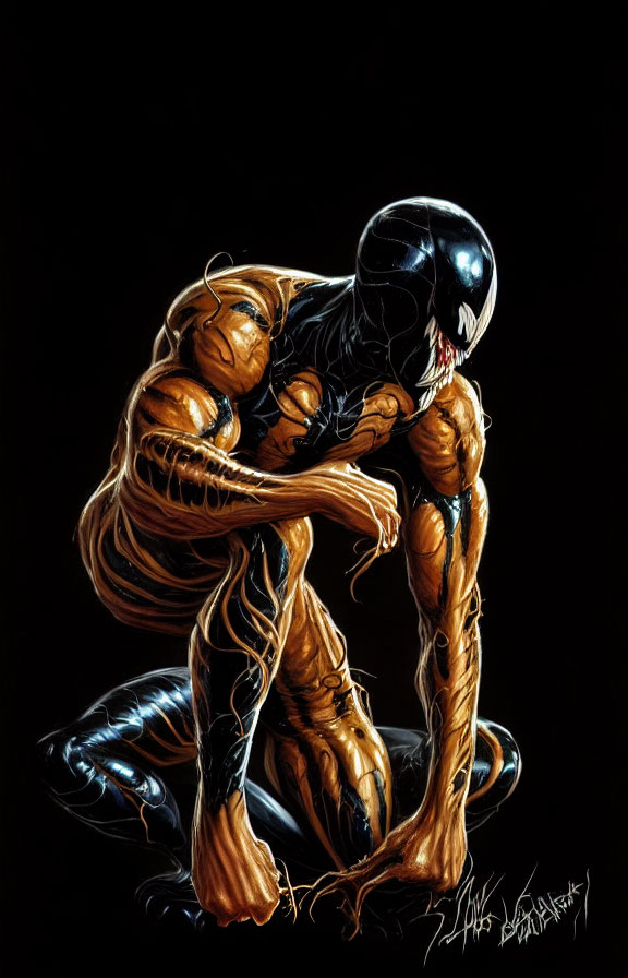 Venom symbiote merges with muscular human figure in dark setting