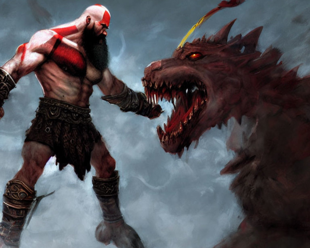 Muscular warrior with red tattoo battles dragon-like creature in stormy scene