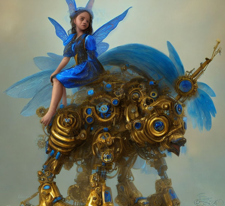 Fairy-winged girl on steampunk creature under hazy sky