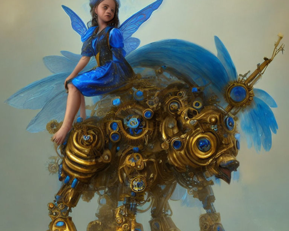 Fairy-winged girl on steampunk creature under hazy sky