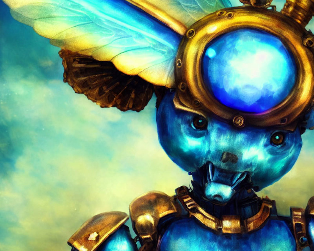 Blue Steampunk Creature with Delicate Wings and Glowing Goggles