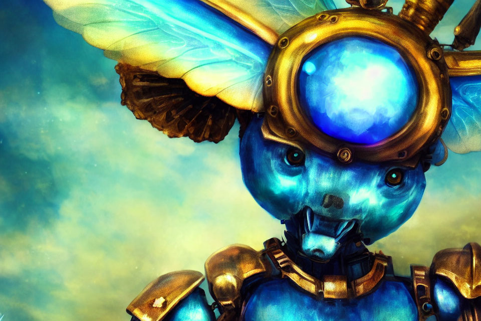Blue Steampunk Creature with Delicate Wings and Glowing Goggles