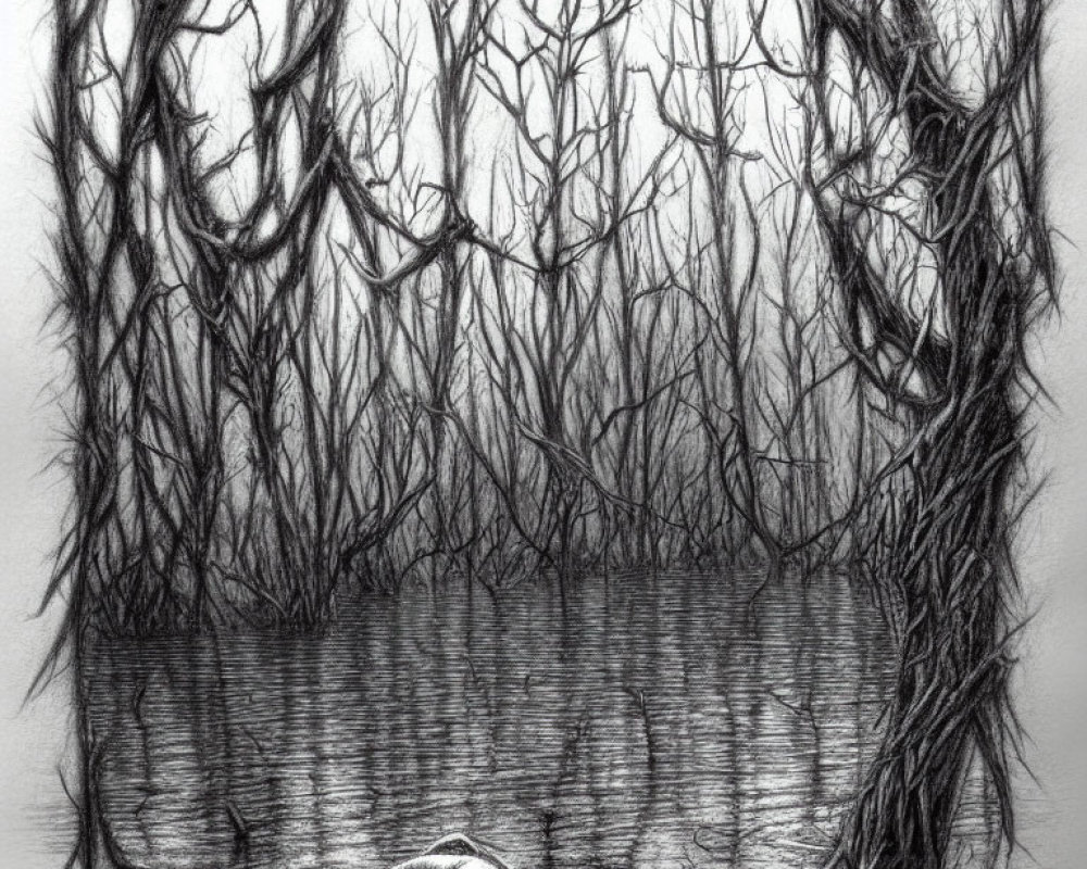Detailed pencil sketch of eerie forest with bare trees, dark water reflection, and twisted roots