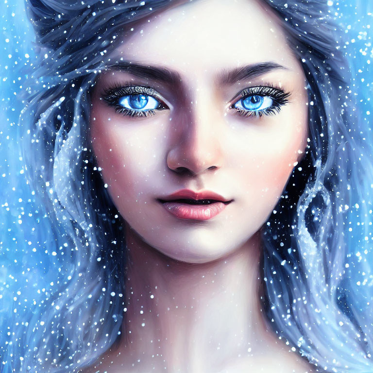Digital illustration of woman with blue eyes and snowflakes in hair on wintry background