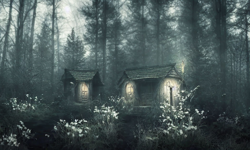 Cozy cottages in misty forest with white flowers