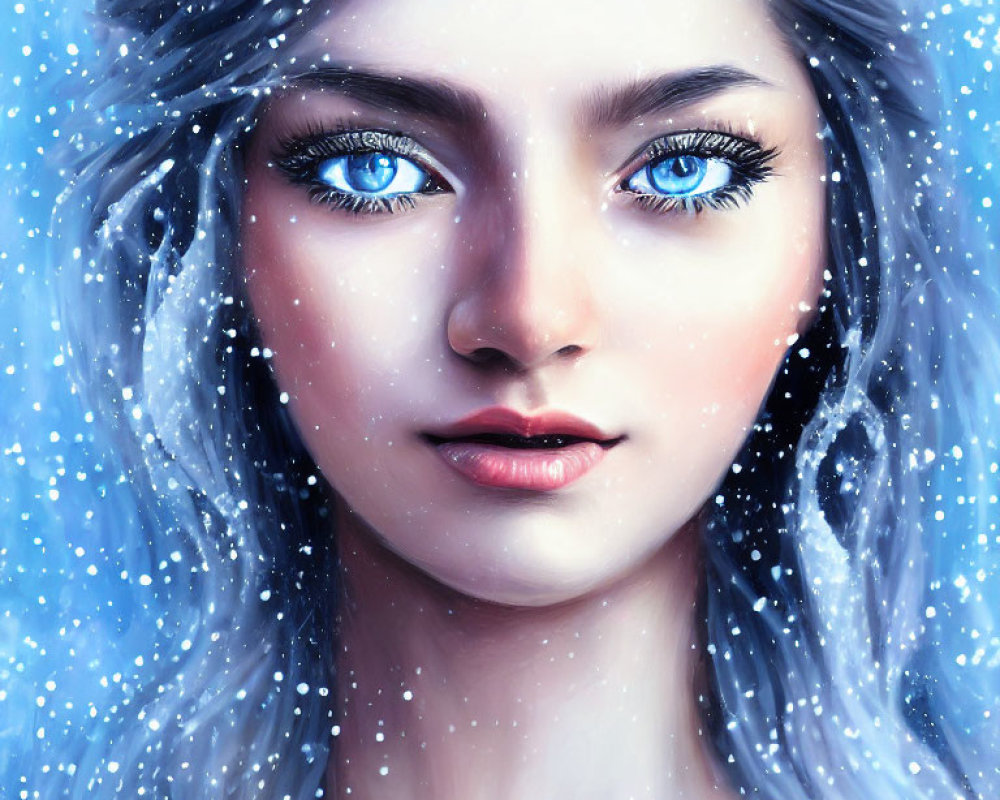 Digital illustration of woman with blue eyes and snowflakes in hair on wintry background