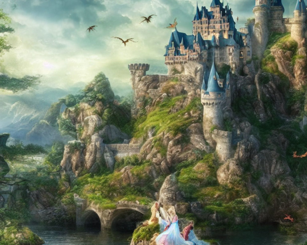 Castle on Cliffs with Woman in Flowing Dress, Stone Bridge, Greenery, Birds, Fl