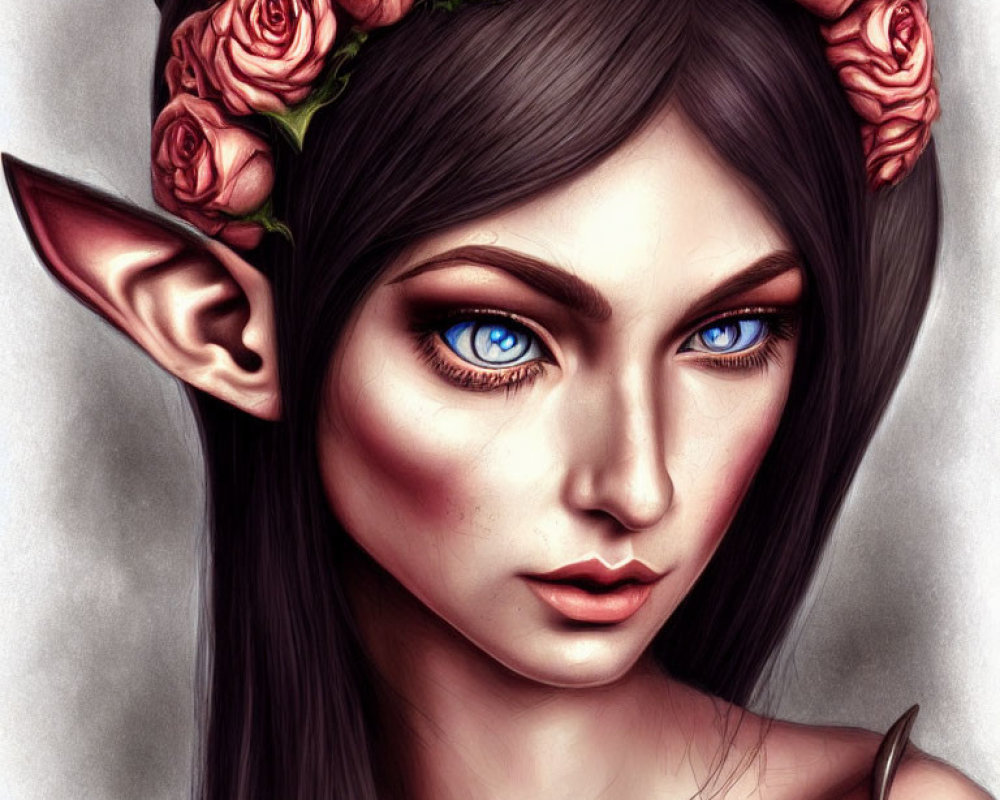 Digital portrait of a woman with pointed ears and blue eyes wearing a rose crown