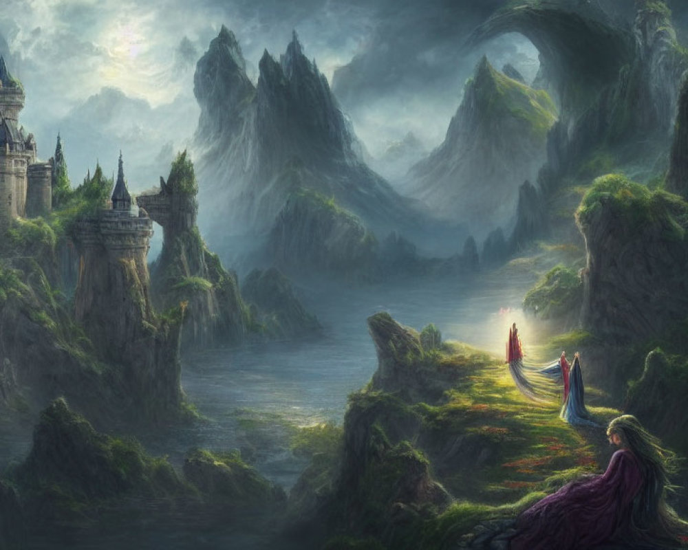 Fantasy landscape with mountains, river, figures, and castle