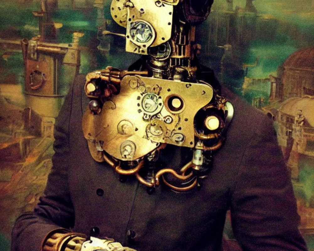 Steampunk-style robot with intricate gears in industrial landscape