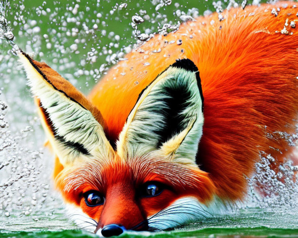 Vibrant orange fox with blue eyes in water with splashes