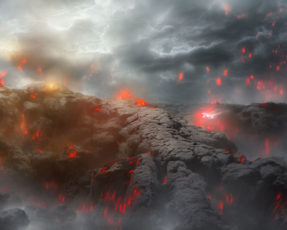 Fiery landscape with red lava flowing through cracked rocks