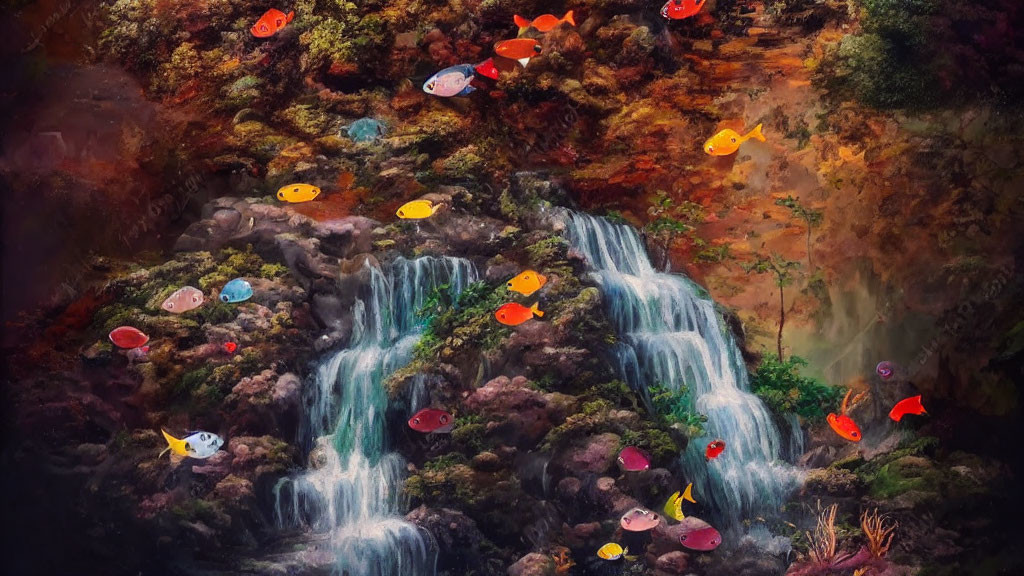 Colorful Fish Float Above Waterfall in Surreal Painting