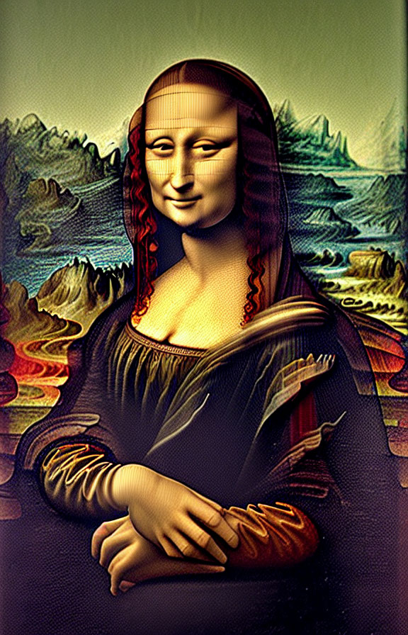 Digitally altered Mona Lisa artwork with vibrant colors and mountainous landscape