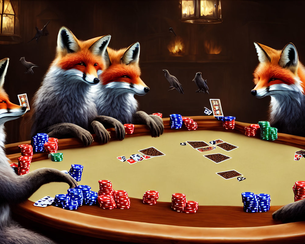 Anthropomorphic foxes playing poker with scattered cards and chips