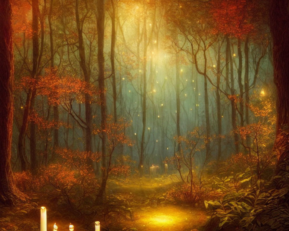 Enchanted forest scene with warm amber tones and glowing lights