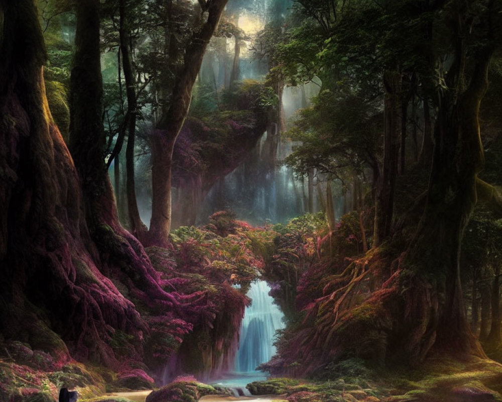 Person walking in vibrant purple forest with sunbeams and waterfall.
