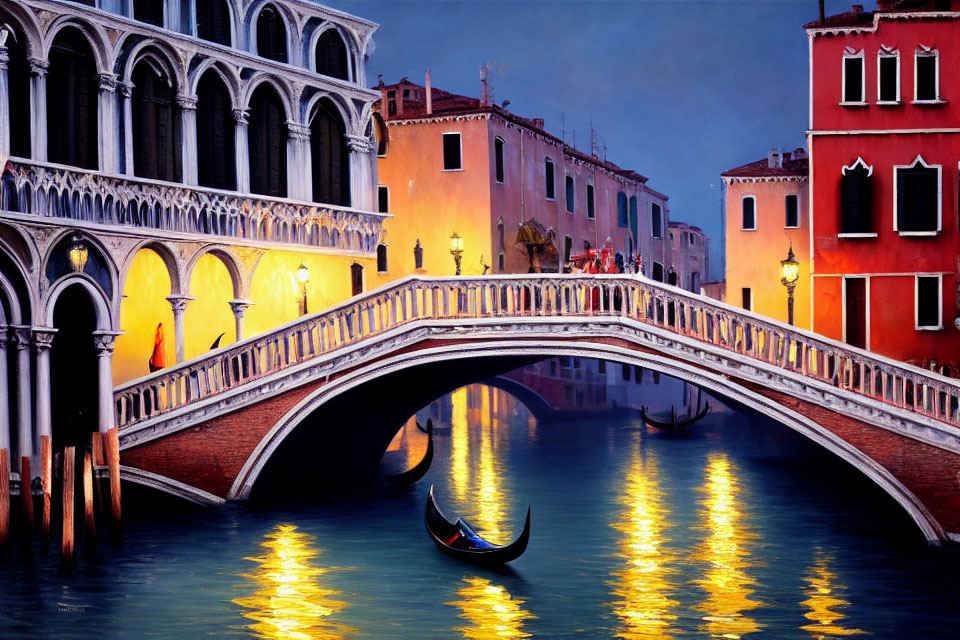 Twilight scene of illuminated bridge over Venice canal