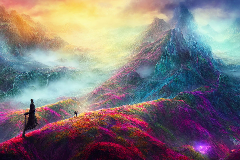 Colorful Hills Landscape with Lone Figure and Birds on Hilltop