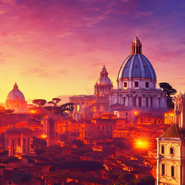 Vibrant Sunset Over Ancient City Skyline with Domed Cathedrals