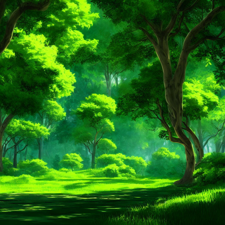 Sunlit green forest with vibrant foliage and grass carpet