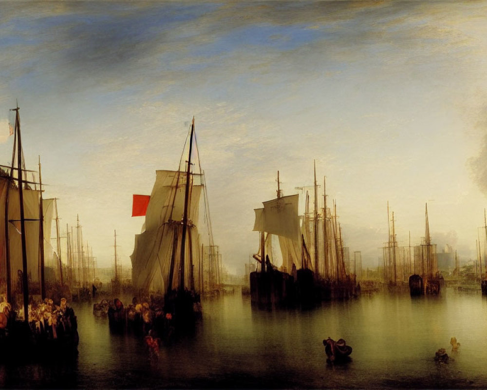 Dutch Golden Age Harbor Scene with Sailing Ships, People, and Sky