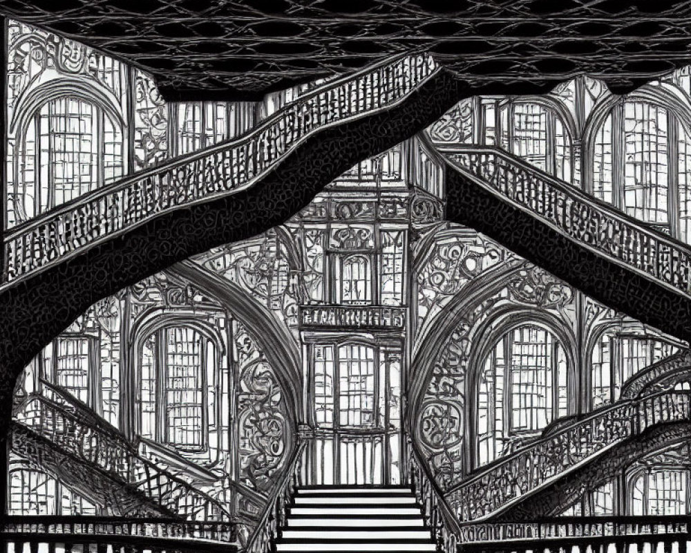 Monochrome ornate symmetrical staircase and intricate window design
