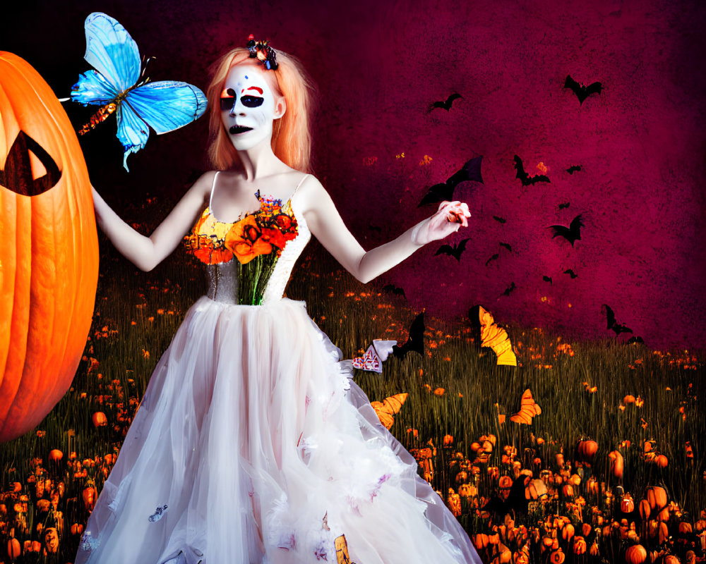 Person in White and Orange Halloween Makeup with Pumpkin, Butterflies, Bats, and Pumpkins on