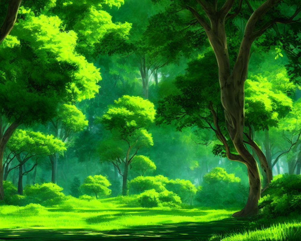 Sunlit green forest with vibrant foliage and grass carpet
