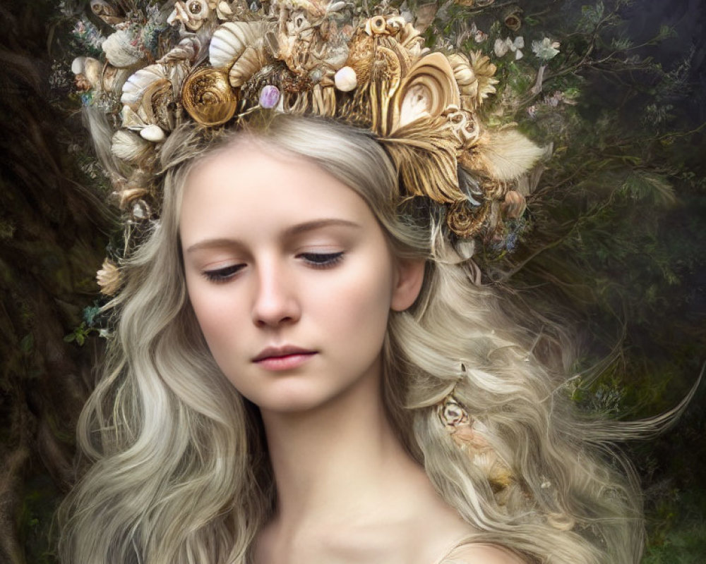 Young Woman with Long Wavy Hair Wearing Floral Shell Crown on Natural Background
