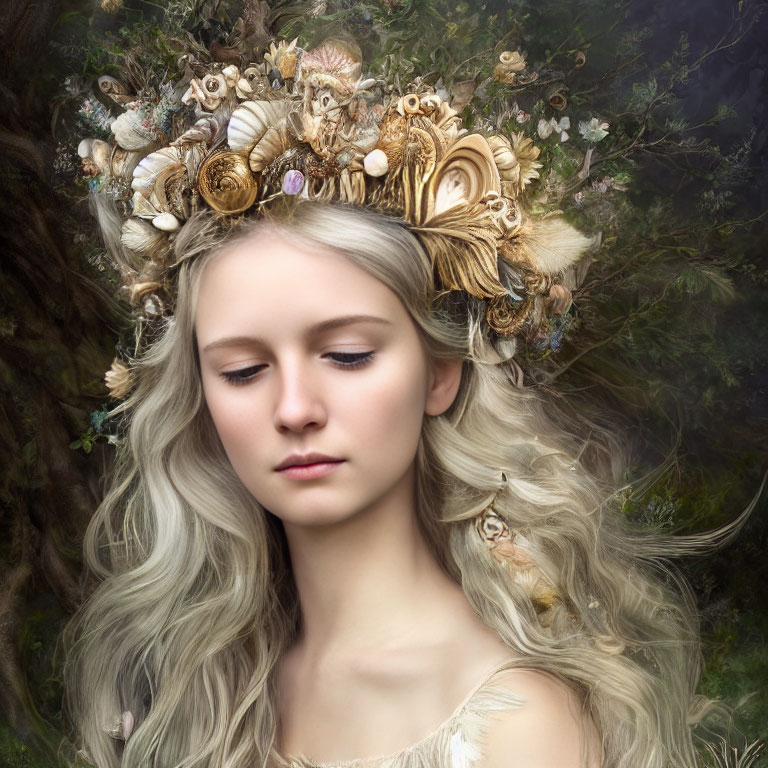Young Woman with Long Wavy Hair Wearing Floral Shell Crown on Natural Background
