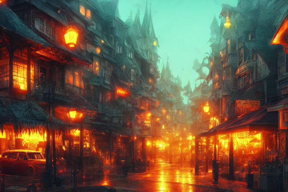 Charming night scene of old-town street with warm orange lights