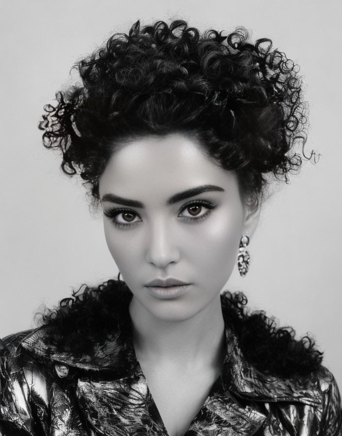 Black and white portrait of woman with curly updo hairstyle and patterned blouse