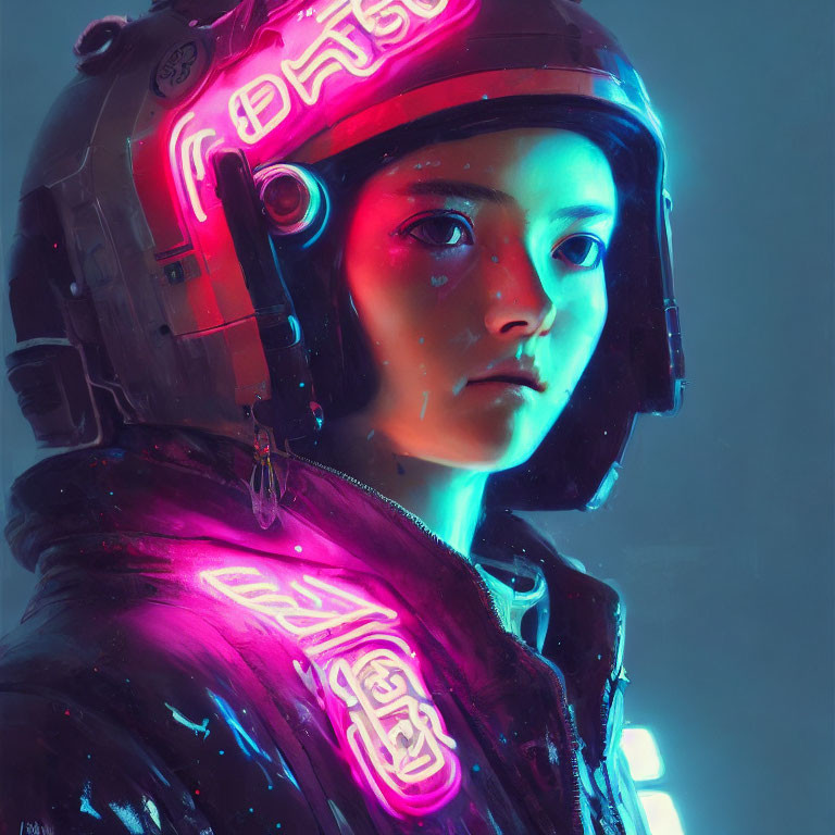 Futuristic woman in neon pink helmet and suit gazes ahead