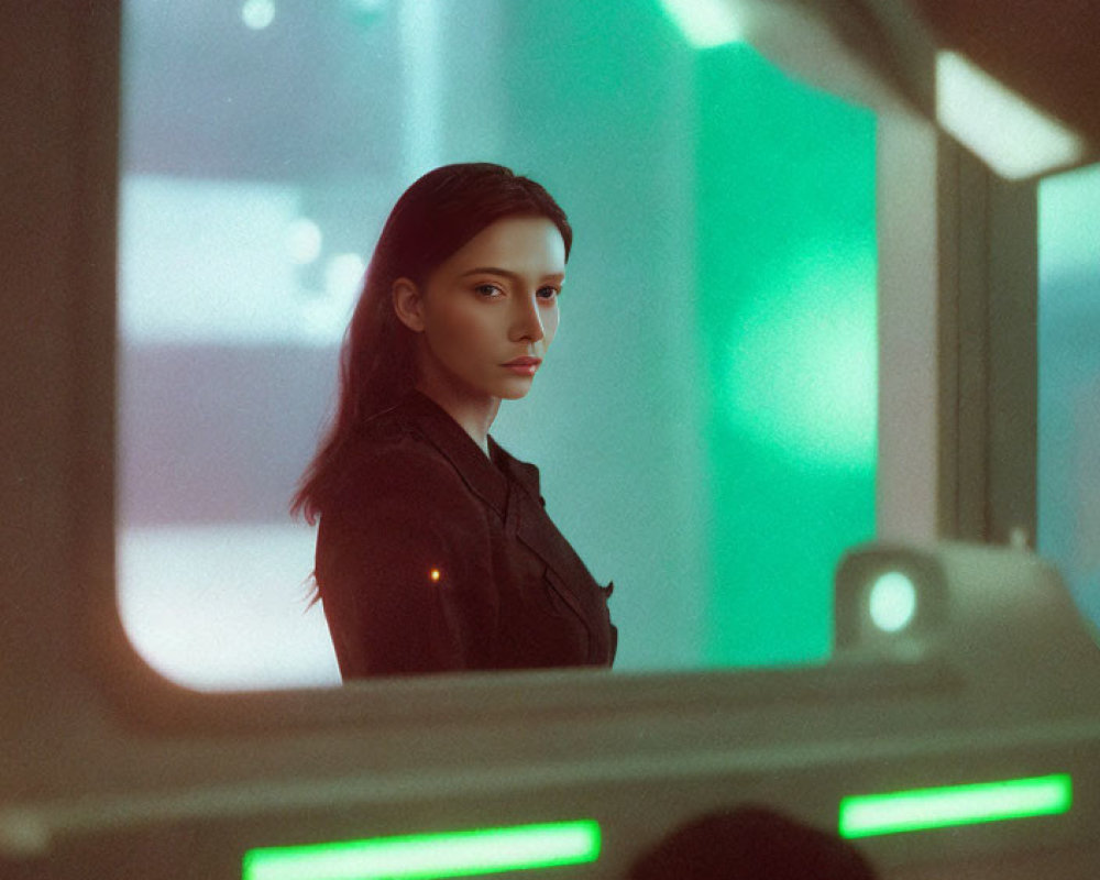 Woman in Black Outfit Stands by Window with Green Lighting