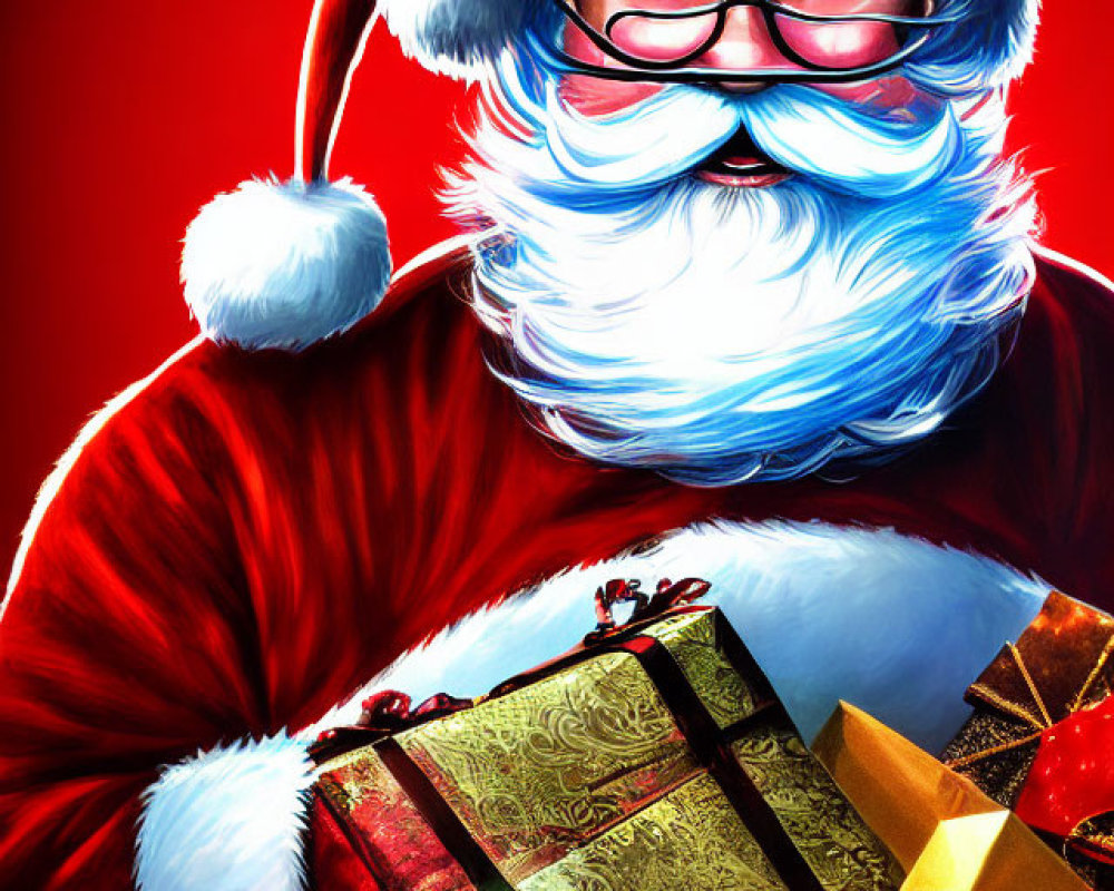 Santa Claus with Spectacles, White Beard, Red Suit, Holding Gifts on Red Background