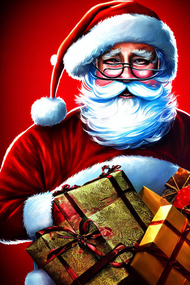 Santa Claus with Spectacles, White Beard, Red Suit, Holding Gifts on Red Background