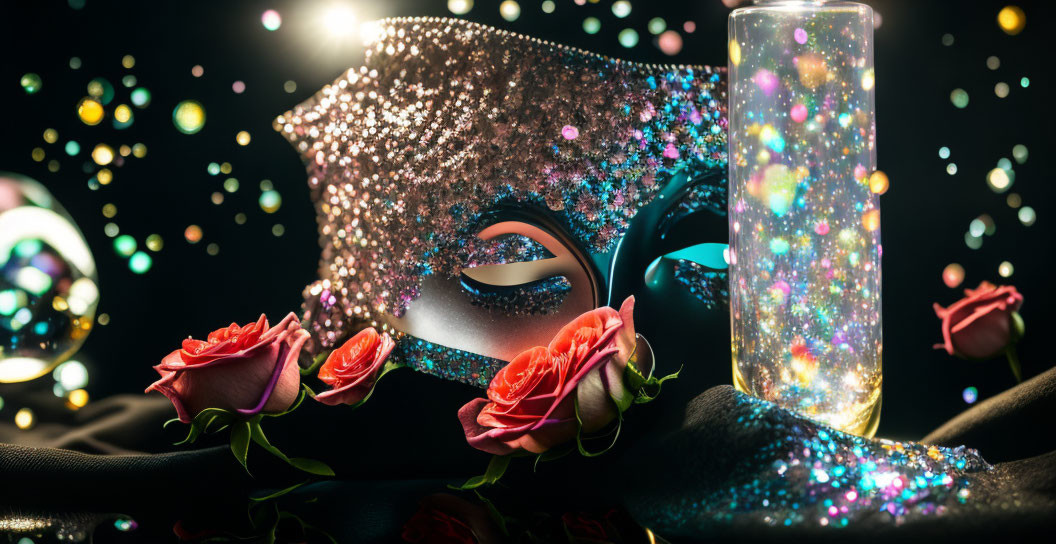 Glittering masquerade mask with roses and sparkling lights on dark background
