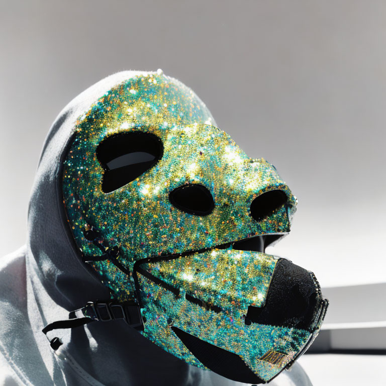 Glittery turquoise and black mask with ominous eye holes and mouthpiece on neutral background