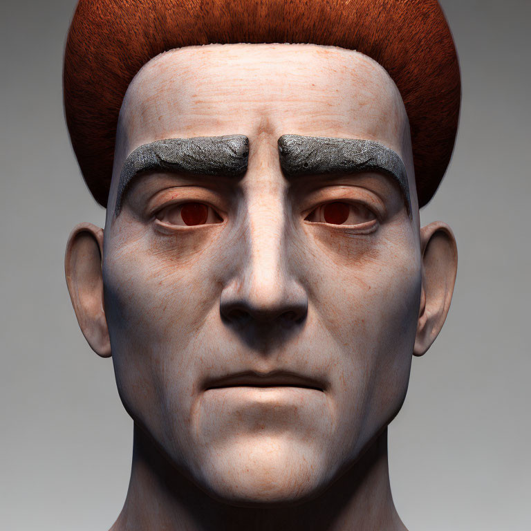 3D-rendered male figure with red hair, thick eyebrows, stern expression