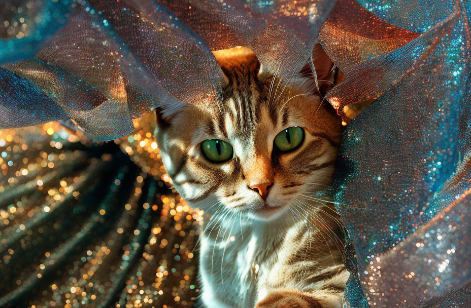 Tabby Cat with Green Eyes Behind Sparkling Blue Fabric