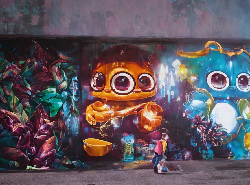 Colorful street mural with cartoon creatures and lush plant motif