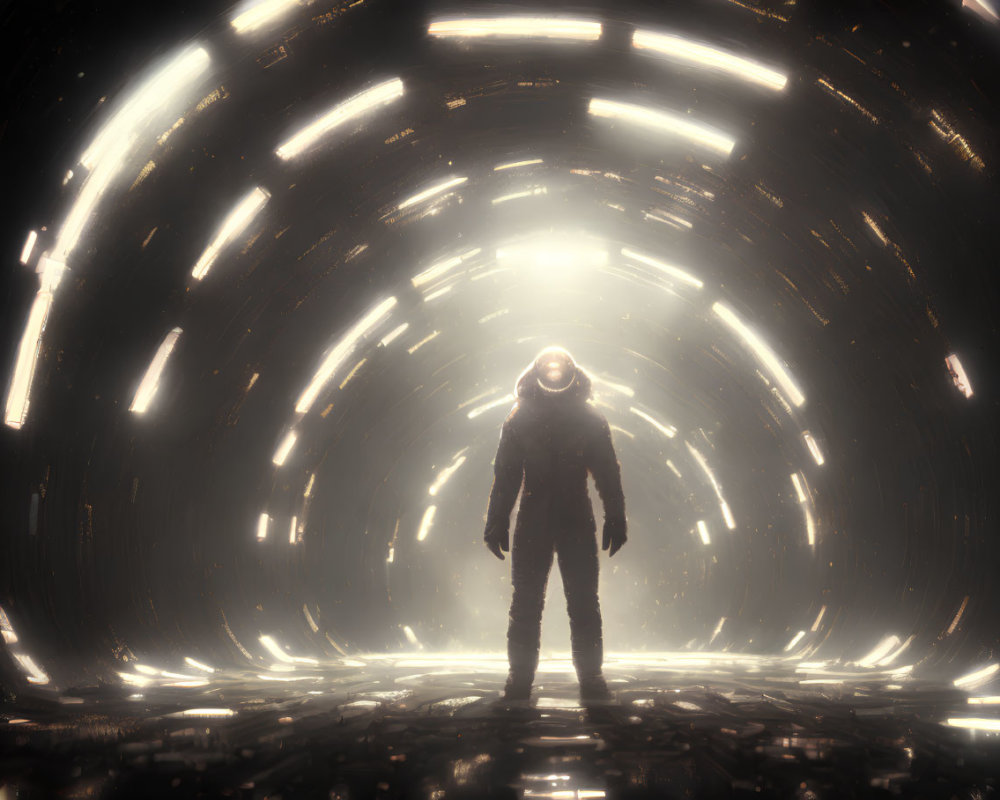 Astronaut in futuristic illuminated circular tunnel