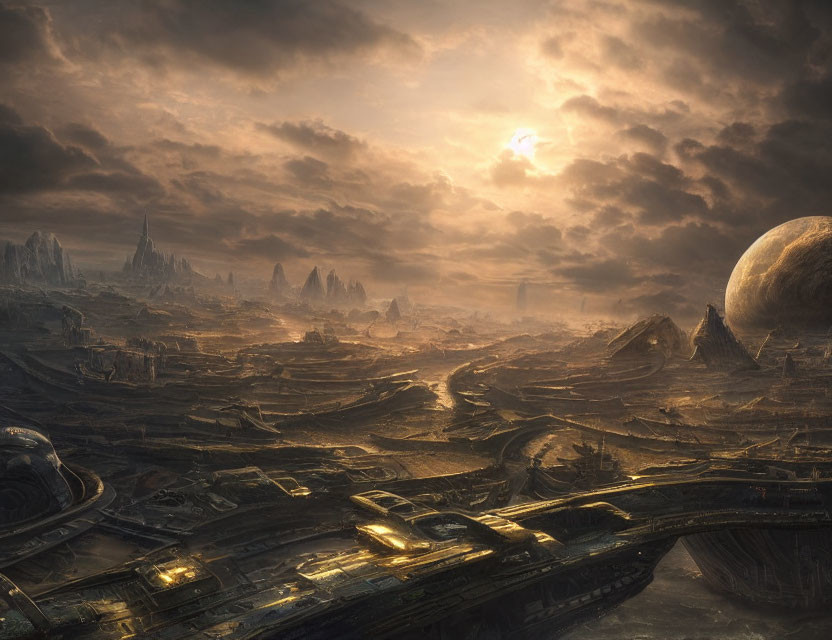 Dystopian landscape with futuristic structures in barren terrain