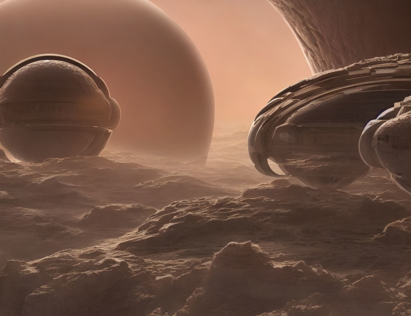 Futuristic spacecraft over alien terrain with planet backdrop