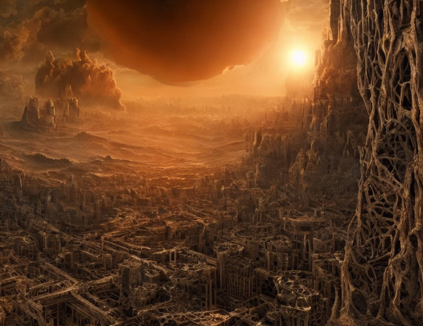 Desolate dystopian landscape with ruined buildings under massive orange sun and dark sky